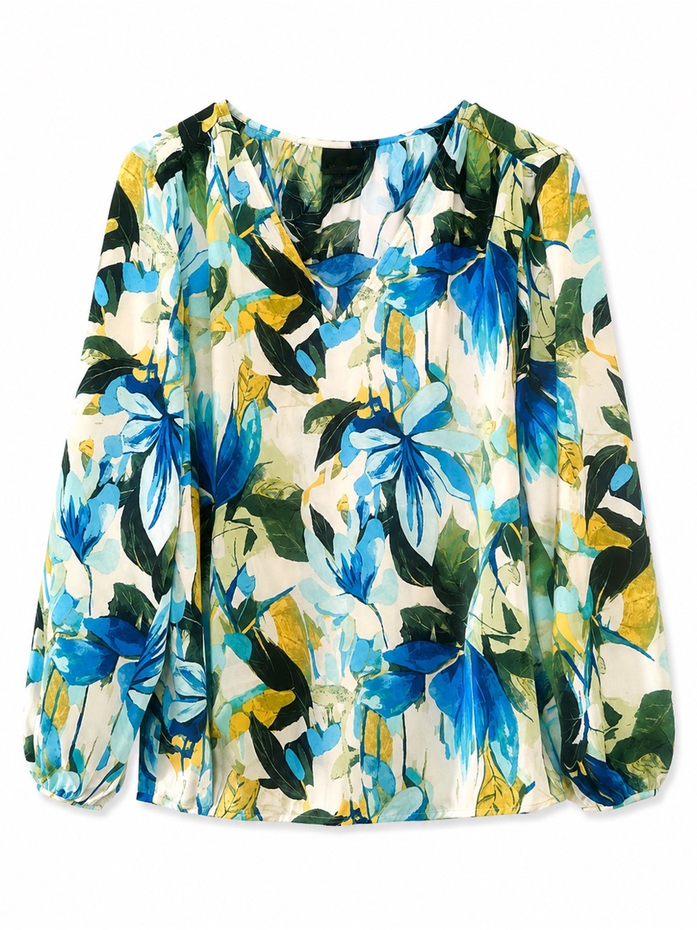 JM Collection Floral Blouse Size Large Sheer Long Sleeve Blue Yellow